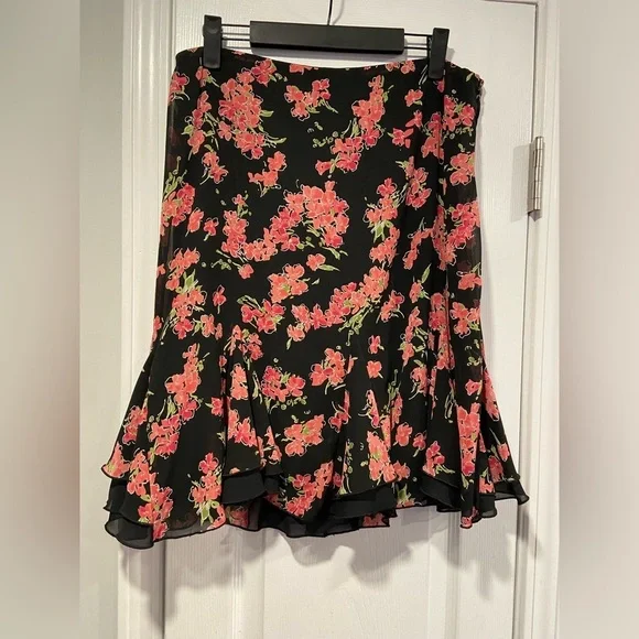 Fashion Bug Size 10 Layered Black Pink Floral Tulip Ruffle Hem Midi Skirt Zip - Picture 5 of 9